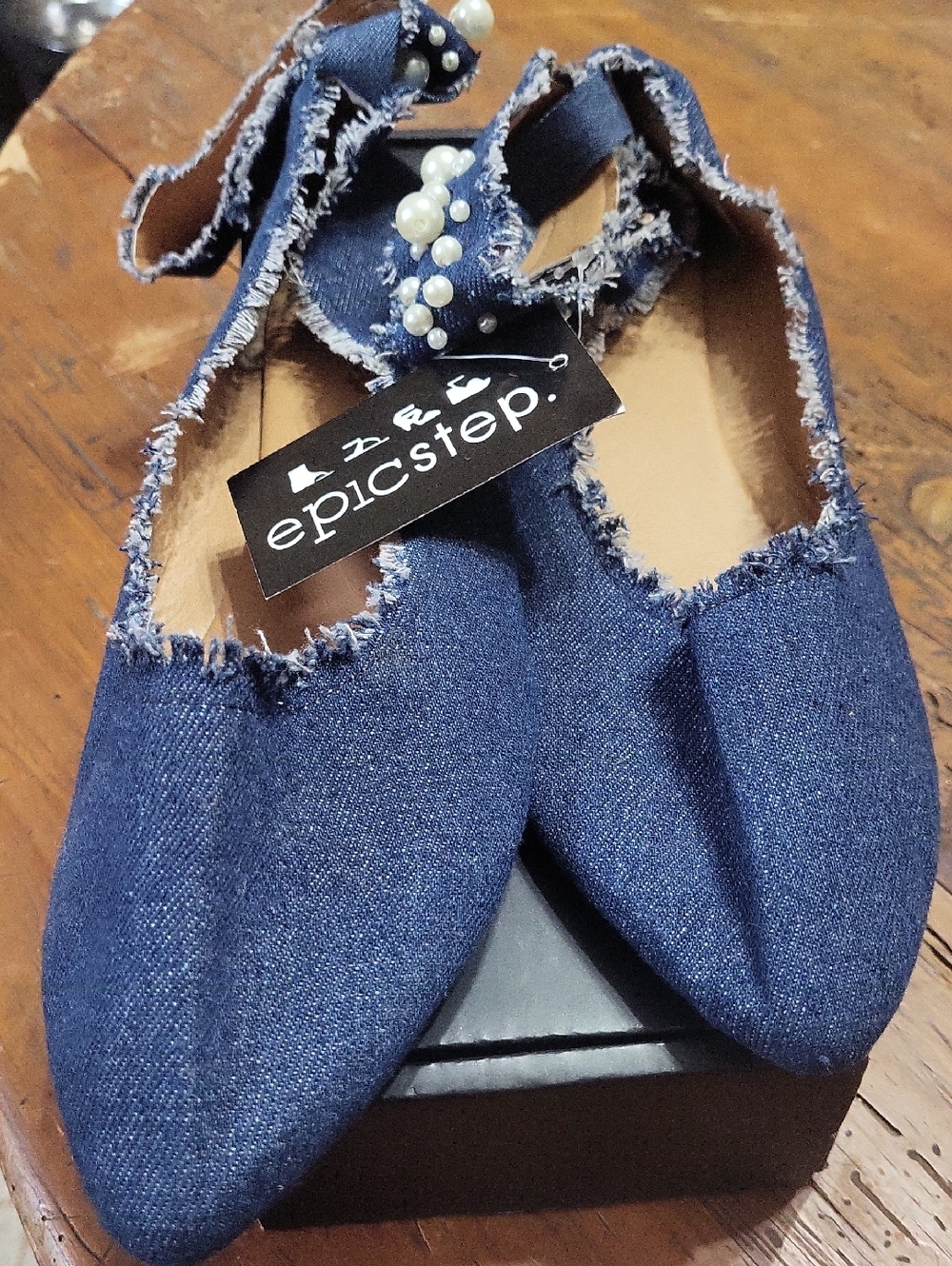 EpicStep Denim Pointed Ballet Flats with Pearl Tie Ankle Strap